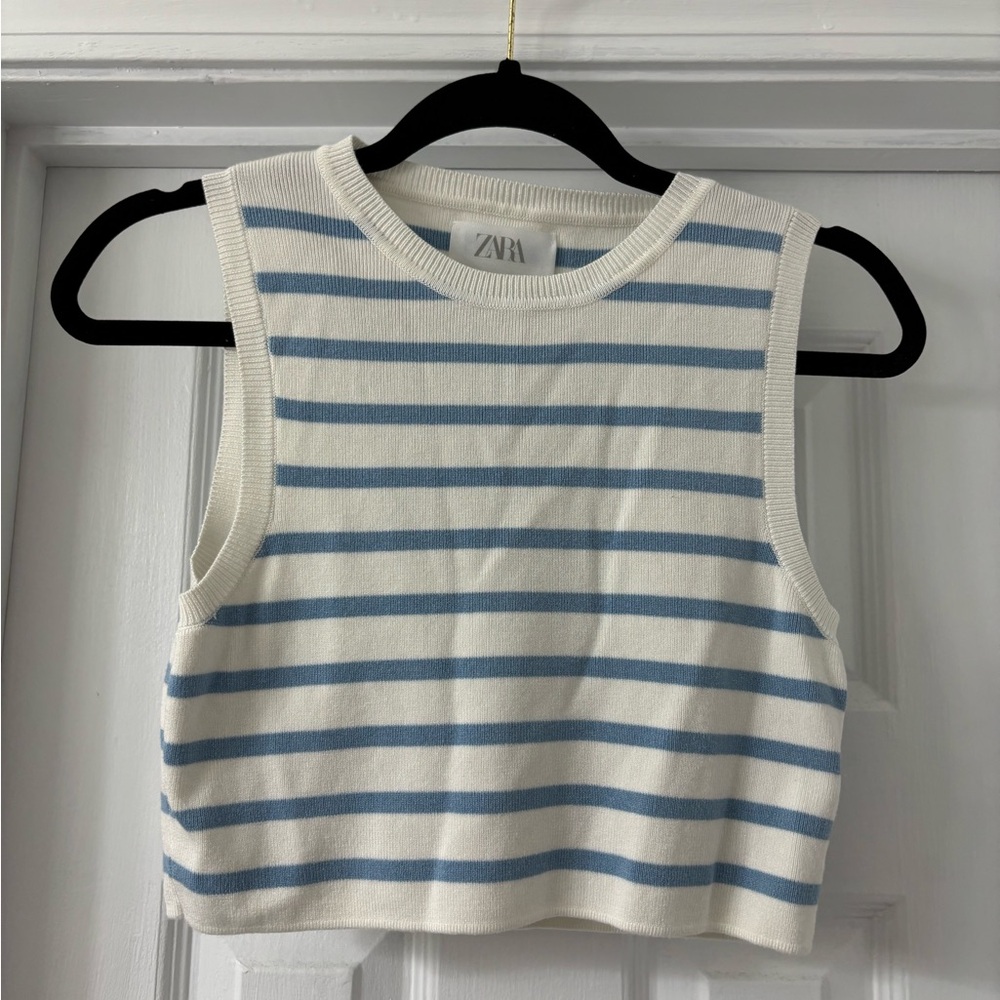 ZARA White and Blue Striped Sleeveless Top